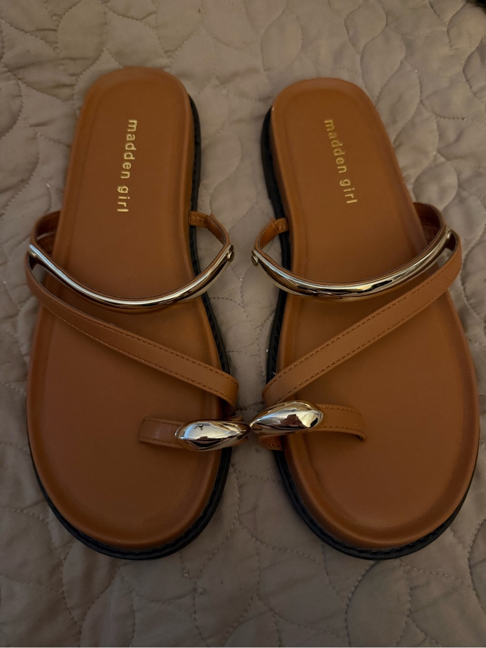 Madden Girl Tan Slide Sandals with Metallic Gold Hardware